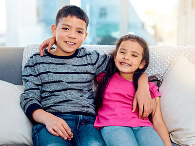 Buy stock photo Siblings, hug and portrait of children in home, relax on sofa with care or support in happy family. Brother, sister or kids embrace with love, kindness or friends on holiday or vacation with respect