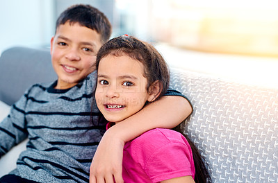 Buy stock photo Siblings, hug and portrait of children on sofa to relax in home with care or support of happy family. Girl, brother or kids embrace with love, kindness or friends on holiday and vacation with respect
