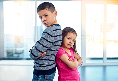 Buy stock photo Anger, brother and portrait of sister with arms crossed in home, fighting or argument, conflict or problem. Angry, children and kids with their backs together, frustrated and ignore with mockup.