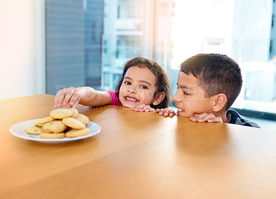 Buy stock photo Steal, girl and boy in home, cookies and siblings together, brother and sister in morning or portrait. Kitchen, kid and cute child for bonding or biscuits on table, plate and dessert in weekend