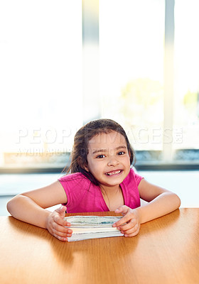 Buy stock photo Money, portrait and smile of girl child at table in home for finance, future saving or wealth. Accounting, cash and development with happy young kid in apartment for economy, growth or learning