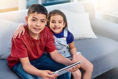Buy stock photo Tablet, children and portrait with siblings on couch, online and esports for entertainment. Technology, streaming and smile for play on internet in lounge, gaming and digital or mobile on touchscreen