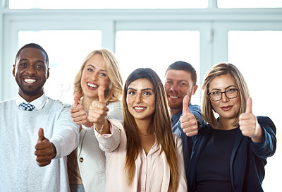 Buy stock photo Portrait, smile and group of business people with thumbs up in office workplace. Face, hand gesture and employee teamwork with like emoji for success, ok or agreement, approval and thank you sign.