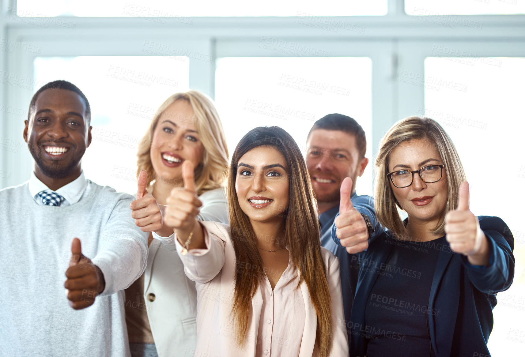 Buy stock photo Portrait, smile and group of business people with thumbs up in office workplace. Face, hand gesture and employee teamwork with like emoji for success, ok or agreement, approval and thank you sign.