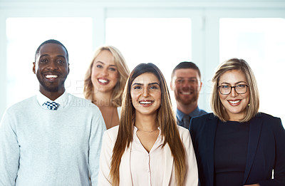Buy stock photo Portrait, smile and teamwork of business people in office workplace with unity, solidarity and synergy. Face, confident group and lawyers standing together for diversity, motivation and collaboration