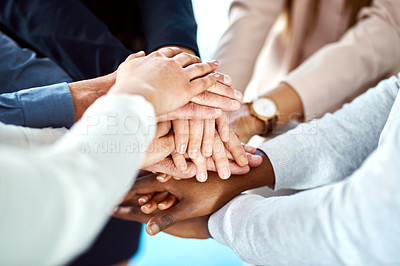 Buy stock photo Team building, support or hands of business people in huddle for, partnership, support or community mission. Trust, motivation or closeup of corporate group of workers with goals or target in meeting