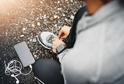 Buy stock photo Person, smartphone and shoelace with running or exercise for fitness, health and wellbeing in outdoor. Above, sneakers and committed on workout or jog in morning for training, wellness and self care
