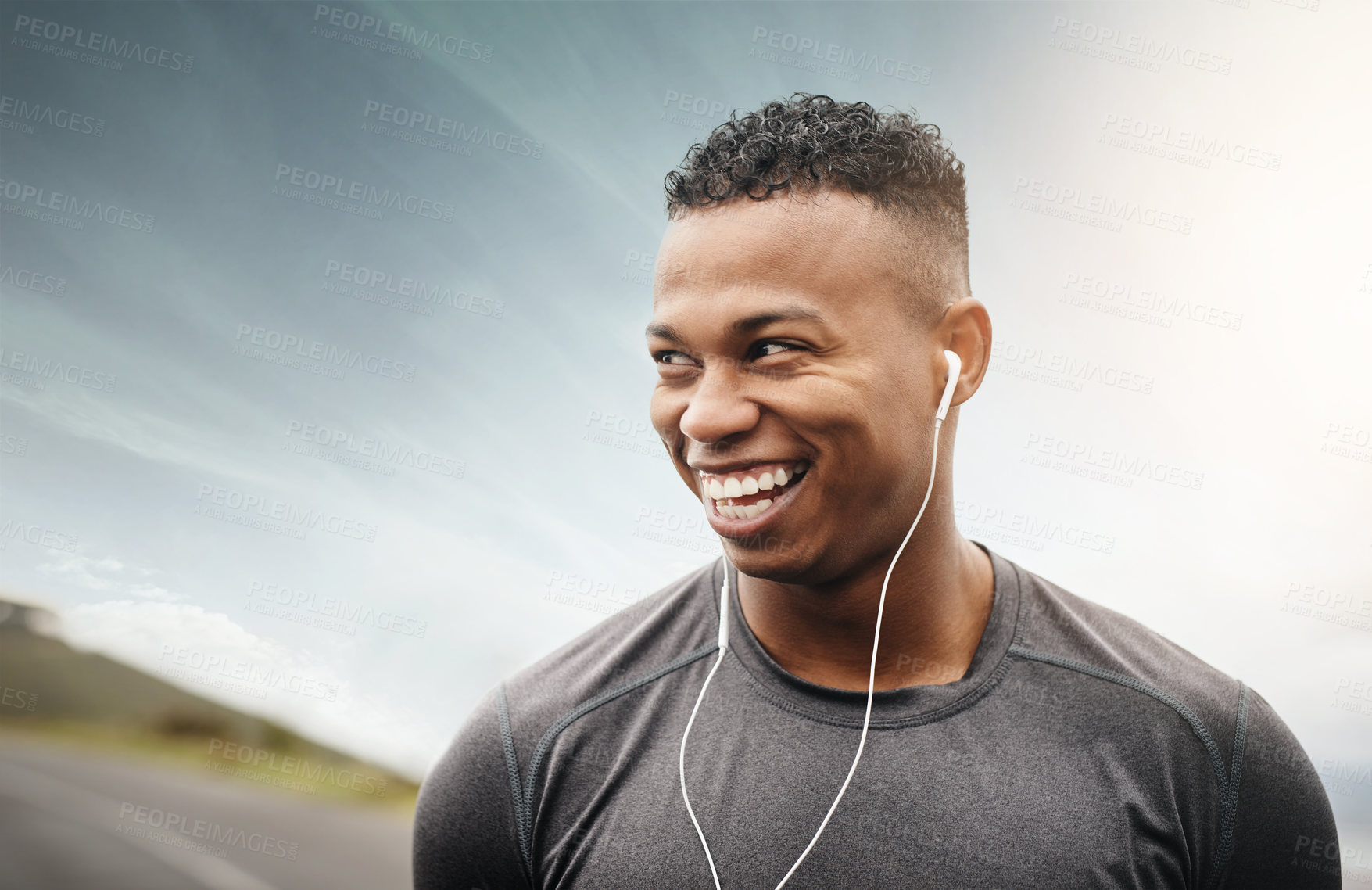 Buy stock photo Outdoor, thinking and man with music for fitness, exercise and audio for motivation. Male athlete, happy and headset for workout while streaming radio, wellness and healthy for training in nature