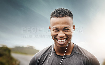 Buy stock photo Portrait, laugh and man with music for fitness, exercise and audio for motivation. Male athlete, happy and headset for workout while streaming radio, wellness and healthy for training outdoor on road