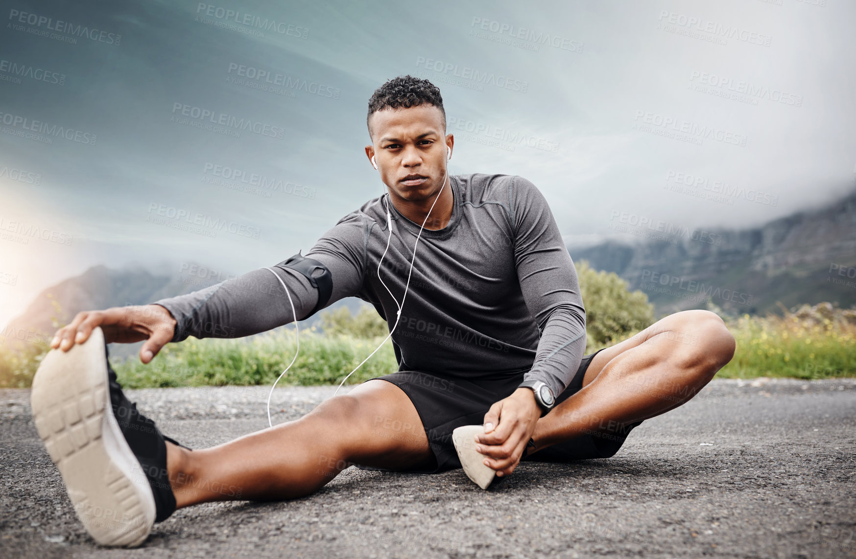 Buy stock photo Man, fitness and stretching legs on road in portrait with serious, muscle and preparation with workout or training. Runner, wellness and health for mindset with energy for cardio with marathon.