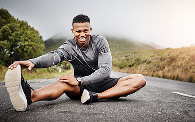 Buy stock photo Man, fitness and stretching legs on road in portrait with muscle preparation for workout or training. Smile, runner and wellness for mindset with happiness, energy and cardio for marathon in nature
