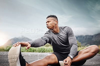 Buy stock photo Man, fitness and stretching legs on road for marathon or muscle for preparation with workout or training. Runner, motivation and wellness for mindset with concentration, energy and cardio for health