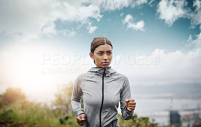 Buy stock photo Training, sky and Indian woman with exercise, running and fitness with balance, workout goal and target. Female person, runner or athlete practice, run or energy with focus, concentration or wellness