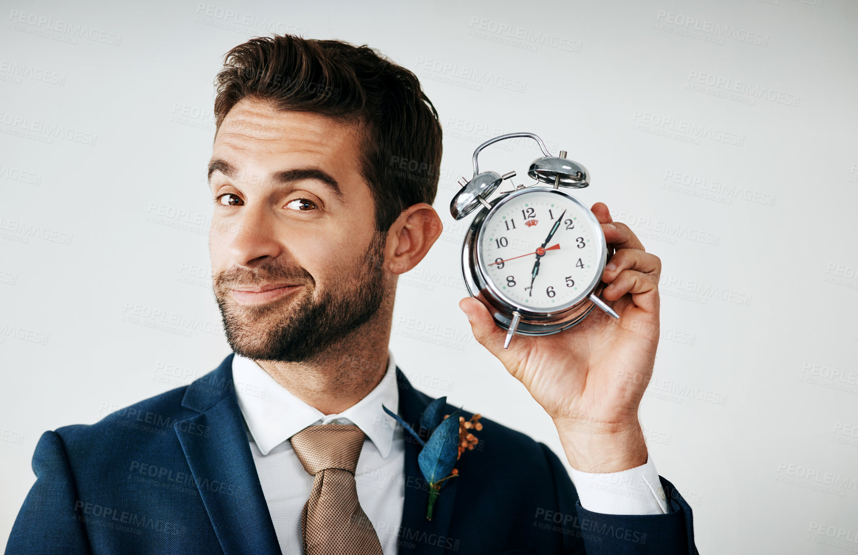 Buy stock photo Portrait, groom and man with clock, celebration and person on gray studio background. Face, model and guy with time, wedding day and excited for event, celebration and countdown for marriage or alarm