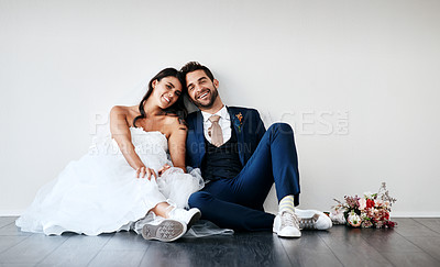 Buy stock photo Couple, wedding and portrait on floor with smile, happy and relax after marriage ceremony and event. Celebration, love and people together with bride and groom with trust and commitment party