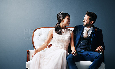 Buy stock photo Bride, man or smile on blue background with chair for marriage, wedding with soulmate and trust. Happy couple, unity or studio with excitement for commitment to love, together in New York City