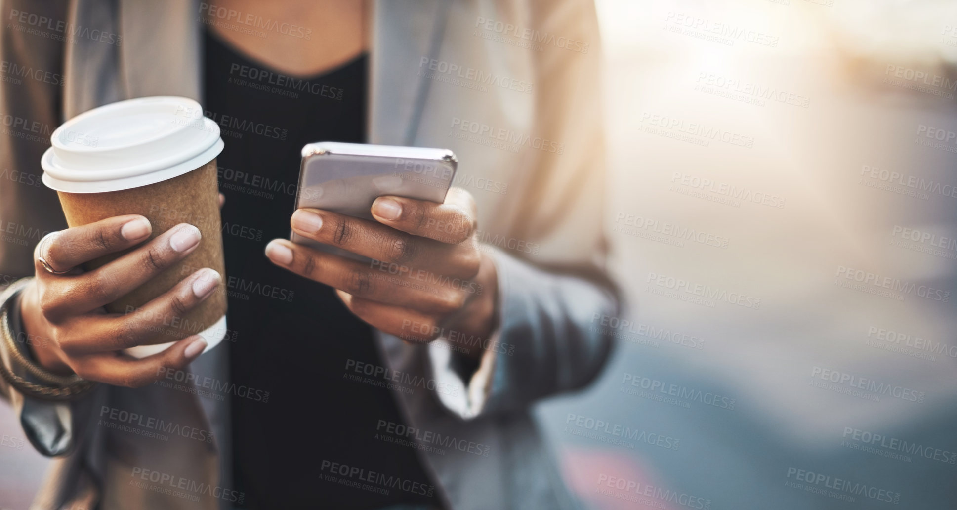 Buy stock photo Business woman, latte and hands with phone in city for communication, networking and social media. Female person, coffee and travel with smartphone to work for email, clients and app while trading