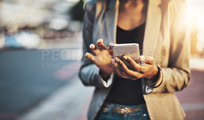 Buy stock photo Business woman, hands and phone in city networking, social media or texting outdoors. Hand of female professional chatting on mobile smartphone for communication or browsing in street of urban town