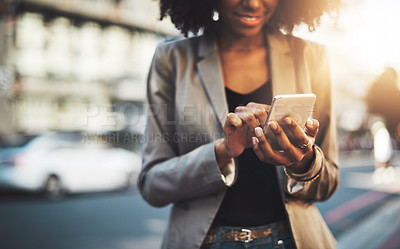Buy stock photo Business woman, hands and phone in city for communication, social media or texting outdoors. Hand of happy female professional, smile and chatting, browsing or networking in street of an urban town