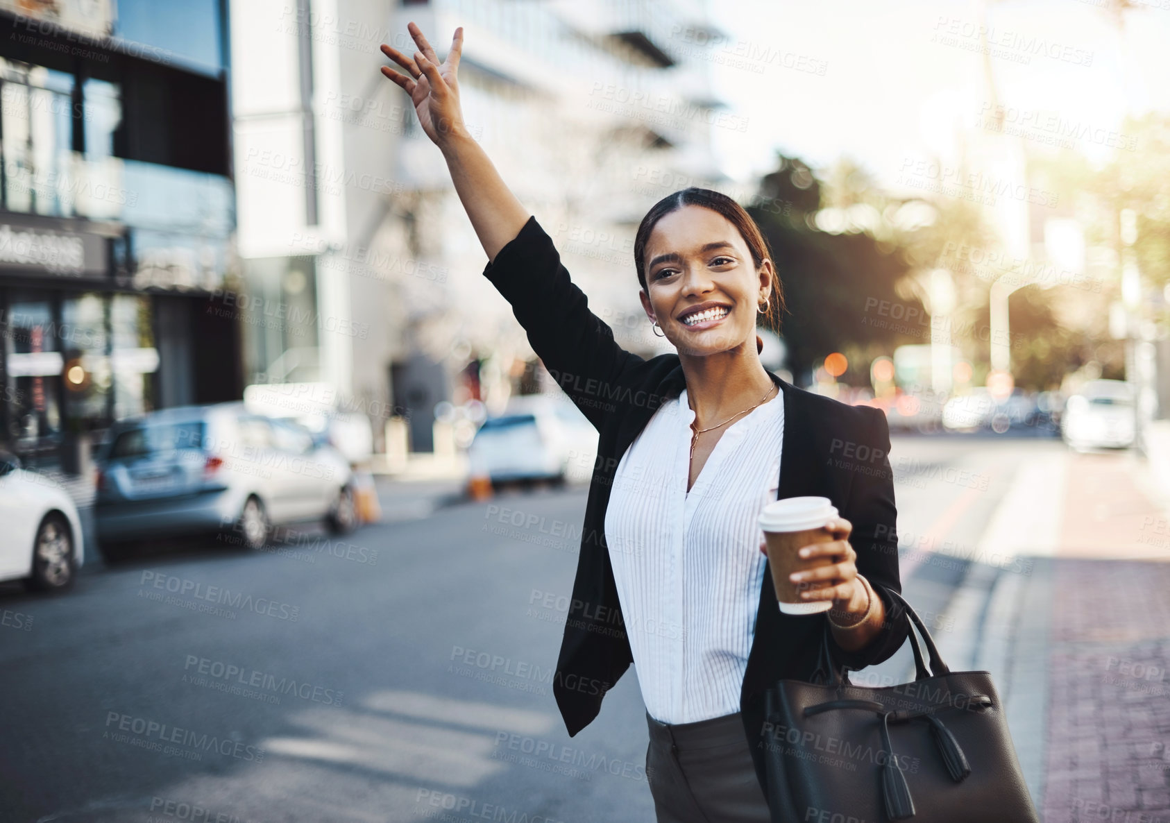 Buy stock photo Happy woman, travel and hands in city for taxi, lift or street transportation with coffee outdoors. Business female waving hand waiting for transport, ride or pickup on road sidewalk in urban town