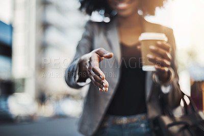 Buy stock photo Woman, handshake and meeting in city for greeting, introduction or hiring with coffee outdoors. Hand of female shaking hands for b2b, collaboration or agreement in deal or recruitment in urban town