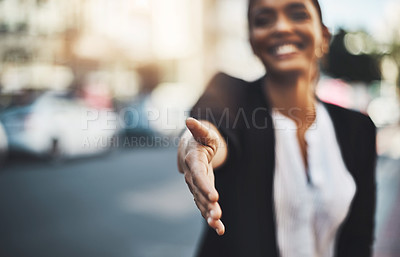 Buy stock photo Happy woman, handshake and meeting in city for partnership, introduction or greeting outdoors. Hand of female shaking hands for b2b, collaboration or agreement in deal or hiring in urban town street