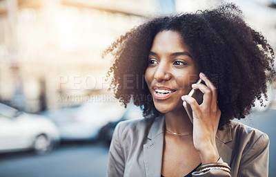 Buy stock photo Business woman, phone call and city for conversation, communication or networking outdoors. Female employee talking on mobile smartphone with smile for discussion in the street of an urban town