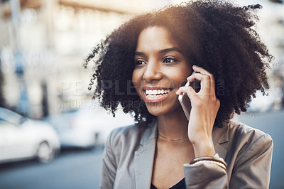 Buy stock photo Happy woman, phone call and communication in city for conversation or networking outdoors. African female person talking on mobile smartphone with smile for fun discussion in street of an urban town