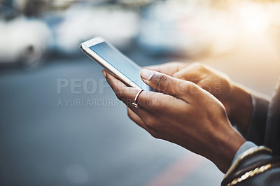 Buy stock photo Woman, hands and phone in city for communication, social media or texting on street sidewalk outdoors. Hand of female chatting on mobile smartphone for networking, online browsing or travel in town