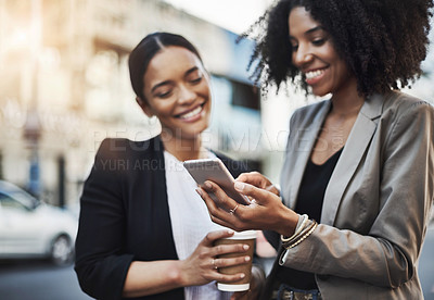 Buy stock photo Happy business people, friends and phone in city for social media, communication or texting on street sidewalk. Woman employees or colleagues smile on mobile smartphone for networking in a urban town