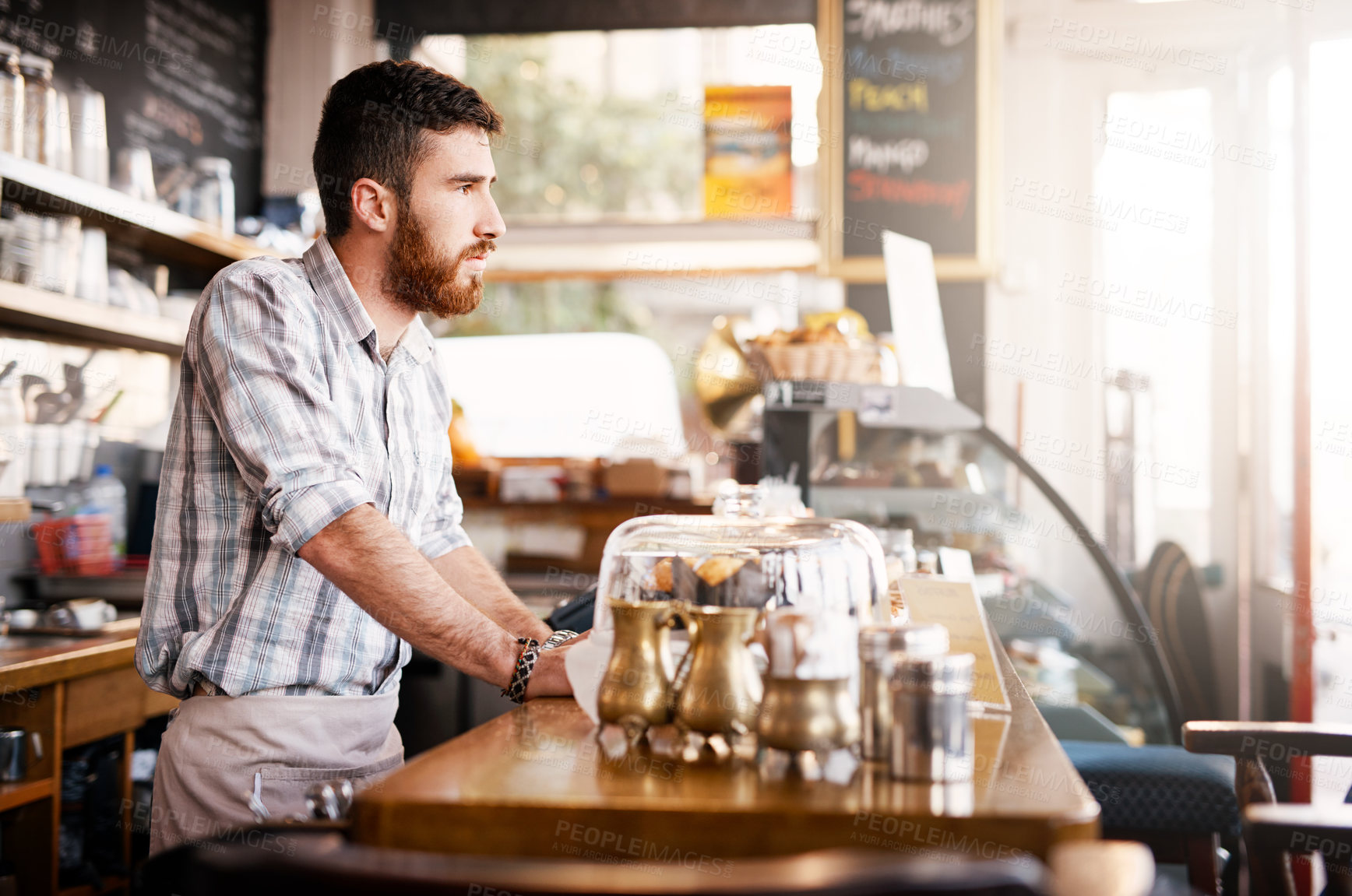 Buy stock photo Thinking, barista or man by counter in cafe, customer service and cashier working in coffee shop. Bistro startup, small business and male owner with thoughts for store management, serving and manager