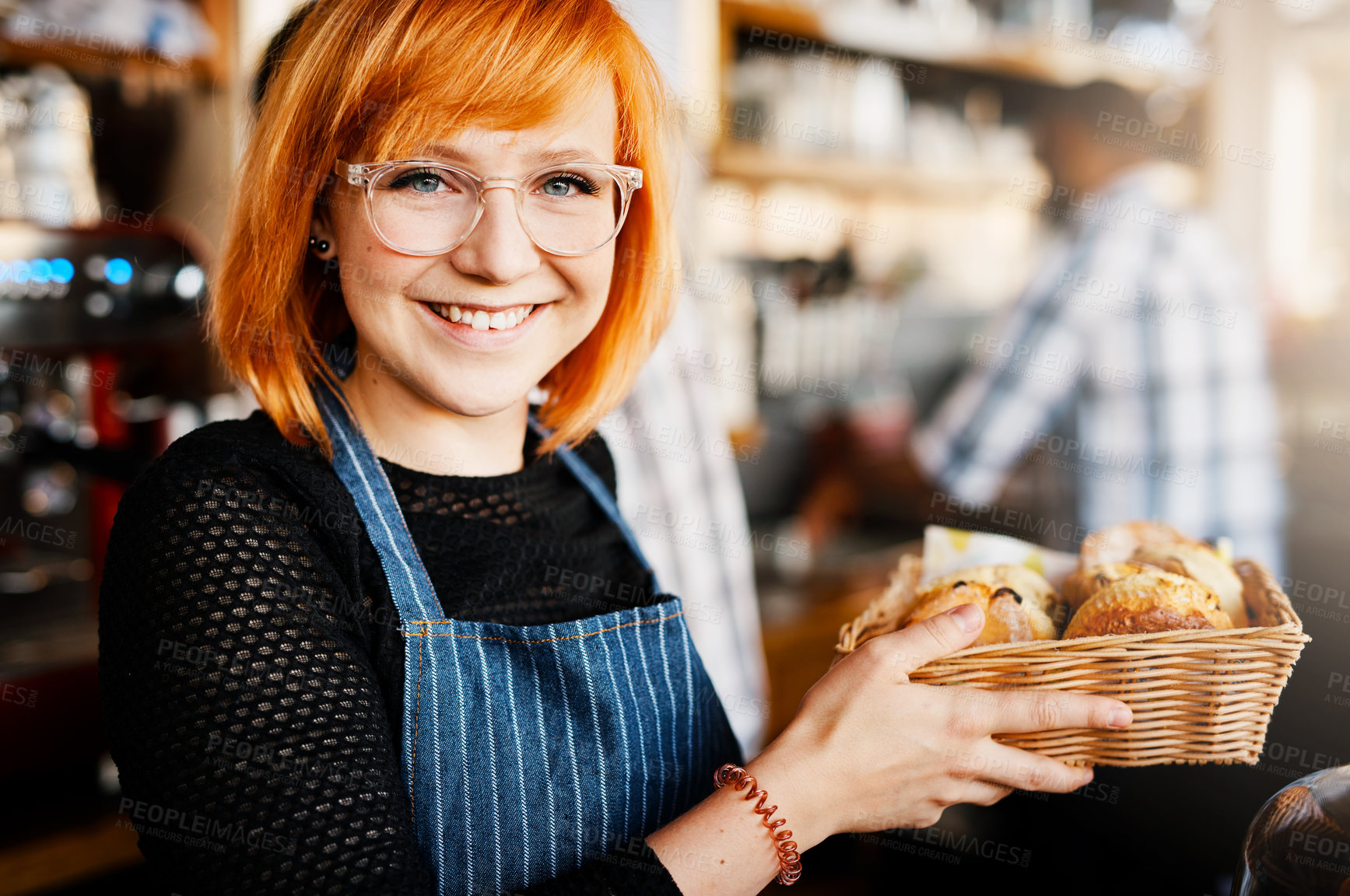 Buy stock photo Portrait, apron and woman with croissant, service and seller with startup, small business and cafe. Face, person and entrepreneur with fresh product, professional and restaurant with smile and store