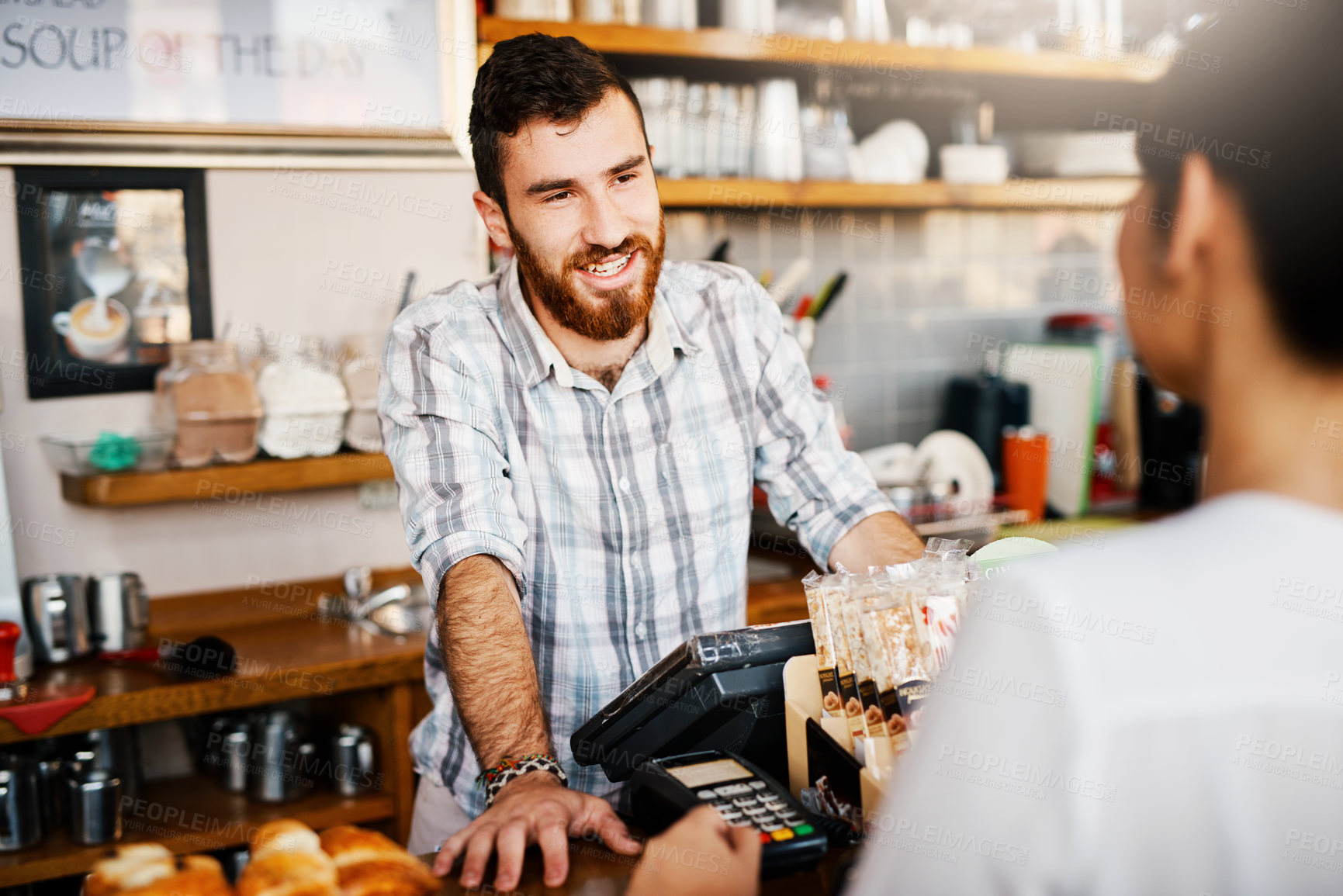 Buy stock photo Coffee shop, counter and man with customer for service, checkout and purchase for drink, beverage and product. Restaurant, cafeteria and cashier with person with order for help, point of sale and buy