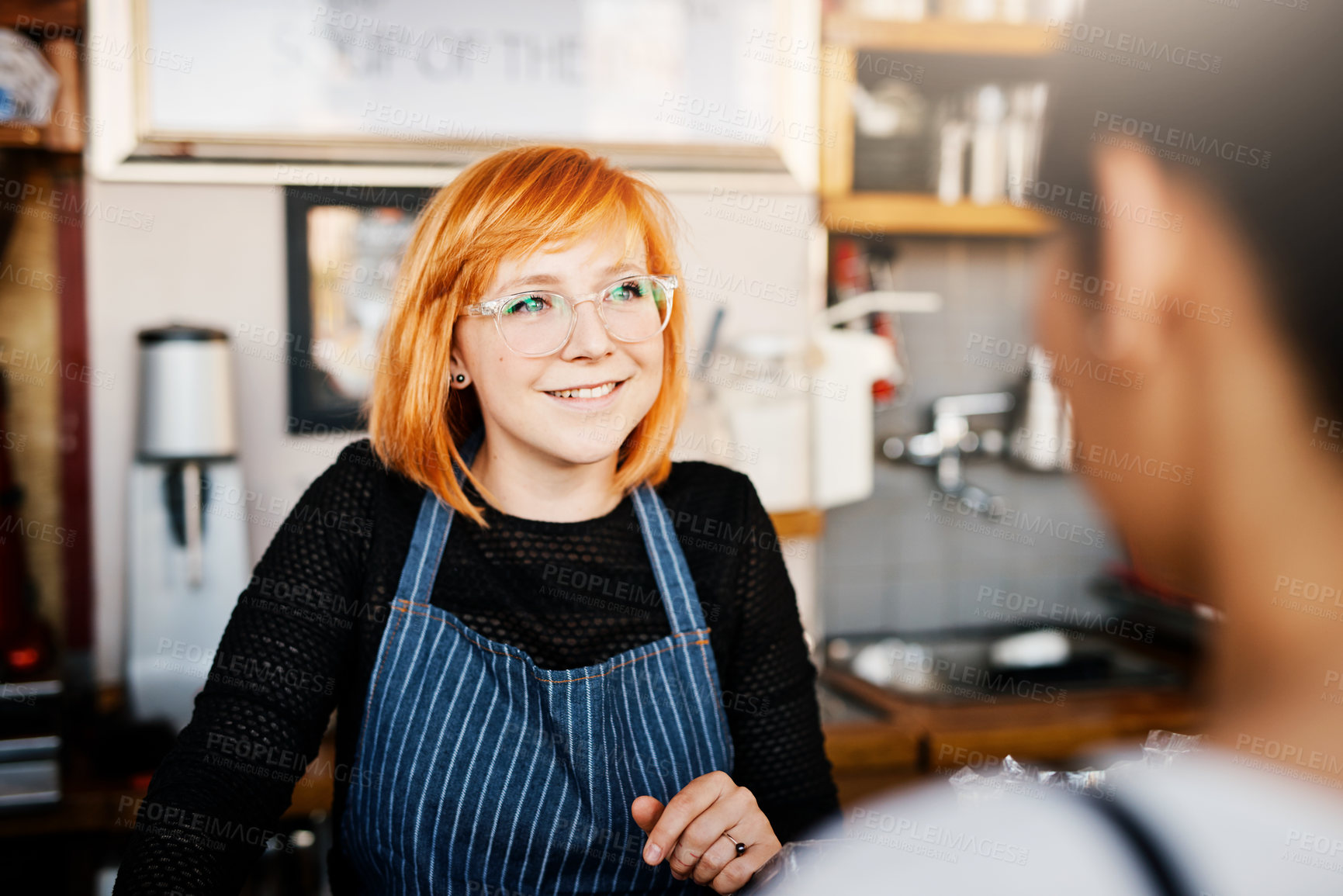 Buy stock photo Women, waitress and customer at counter in coffee shop for catering for breakfast, drink or snack in morning. People, cashier and barista at cafeteria for choice, service or dessert at small business