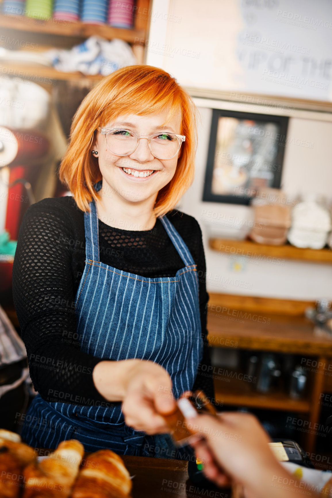 Buy stock photo Coffee shop, payment and portrait of woman with card for service, checkout and purchase for menu order. Restaurant, cafeteria and cashier with person at counter for help, buying and point of sale