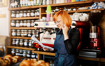 Buy stock photo Phone call, paperwork and woman in cafe, talking and communication for schedule, shift and waitress. Shop, barista and person with mobile, happy and conversation with contact and order to supplier