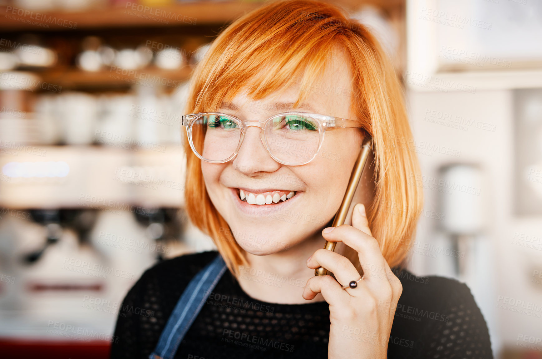 Buy stock photo Phone call, barista and woman with smile in cafe, glasses and communication for schedule of shift. Shop, waitress and person with mobile, happy and talking with contact, apron and order to supplier