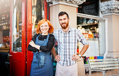 Buy stock photo Portrait, man and woman at cafe entrance with confidence, smile and partnership for small business owner at restaurant. Entrepreneur, team and happy couple at coffee shop door with service in Ireland