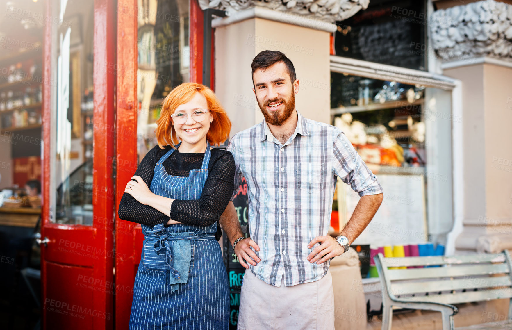 Buy stock photo Portrait, man and woman at cafe entrance with confidence, smile and partnership for small business owner at restaurant. Entrepreneur, team and happy couple at coffee shop door with service in Ireland