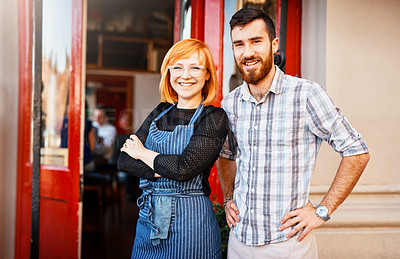 Buy stock photo Portrait, man and woman at coffee shop entrance with confidence, smile and partnership for small business owner. Entrepreneur, team and happy couple at cafe door in service, hospitality or restaurant