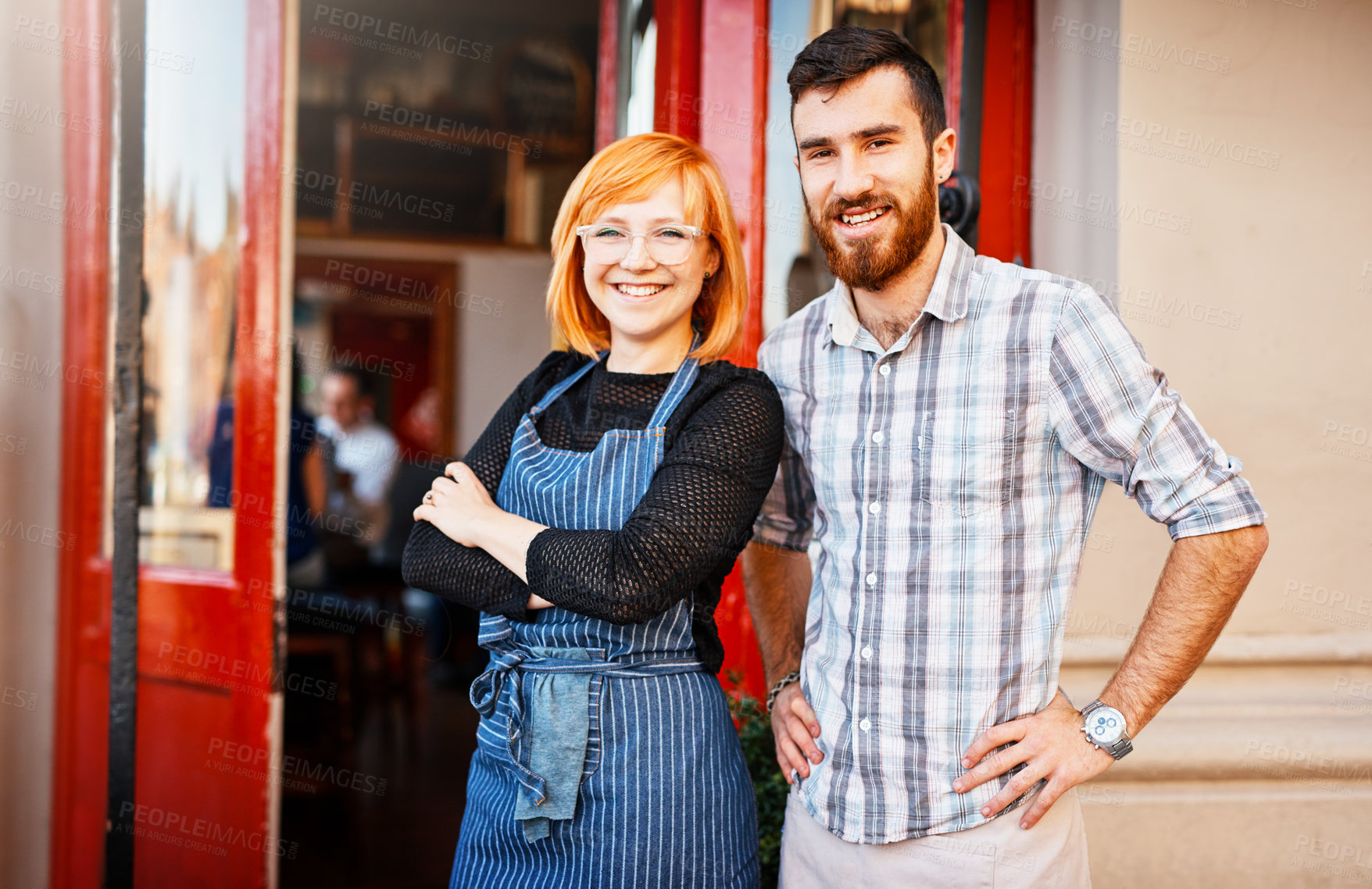 Buy stock photo Portrait, man and woman at coffee shop entrance with confidence, smile and partnership for small business owner. Entrepreneur, team and happy couple at cafe door in service, hospitality or restaurant