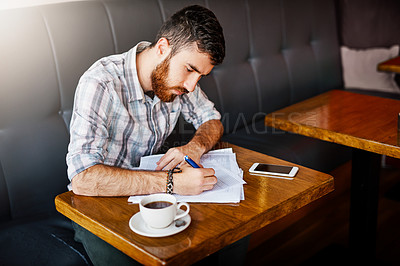 Buy stock photo Man, coffee shop and writing with paperwork for small business as manager for inventory or stock. Male person, table and planning for food menu, restaurant or bistro as owner in hospitality industry