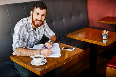 Buy stock photo Business, man and portrait with documents at cafe for writing finance planning, vendor contract and inventory. Person, paperwork and coffee with feedback form, sales profit and reading information