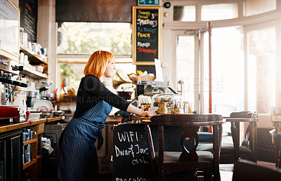 Buy stock photo Thinking, manager or woman by counter in cafe, customer service and cashier working in coffee shop. Bistro startup, small business and owner with thoughts for store management, serving and barista