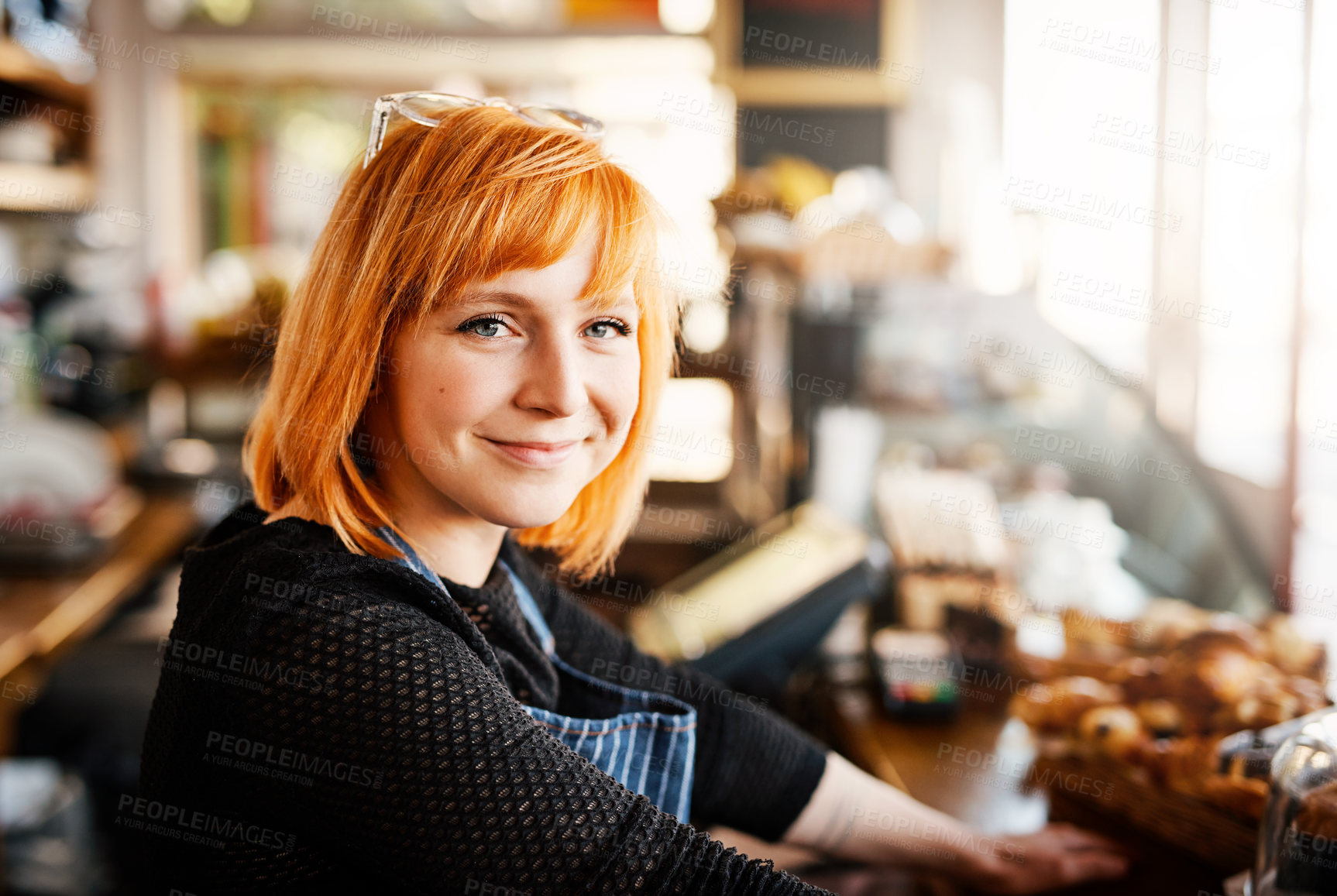 Buy stock photo Portrait, barista or woman by counter in coffee shop, customer service and cashier working in cafe. Bistro startup, small business and female owner with smile for store management, serving and waiter