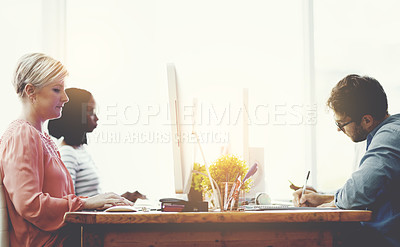 Buy stock photo People, working and tech in office for business, productivity and daily agenda. Man, women and busy at computer for email, scheduling and communication at shared desk for cooperation in workplace