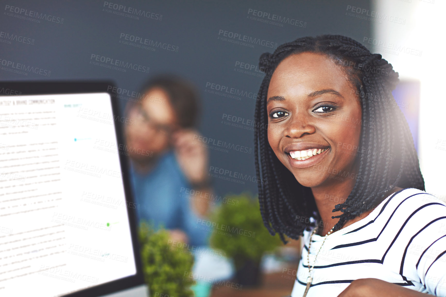 Buy stock photo Portrait, African woman and career with computer screen as copywriter for digital design agency. Female person, happy and creative professional in media company with technology or pride in Ethiopia