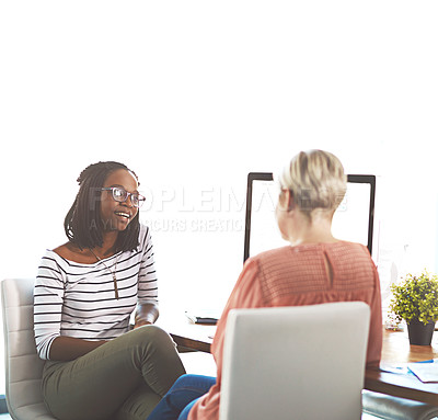 Buy stock photo Women, employees and smile office on meeting for planning, teamwork and collaboration as videographer. Business, people and happy with discussion or coworking for video editing and content creation