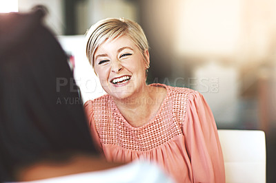 Buy stock photo Funny, team and business woman in discussion for story, laughing and project idea on break. Joke, coworking and happy professional talking to graphic designer, worker or friends in creative startup