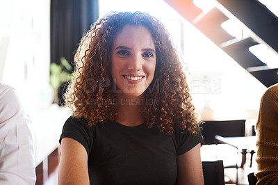 Buy stock photo Happy woman, portrait and designer with ambition for creative career, skills or startup at office. Face of young female person or employee with smile for internship or job opportunity at workplace